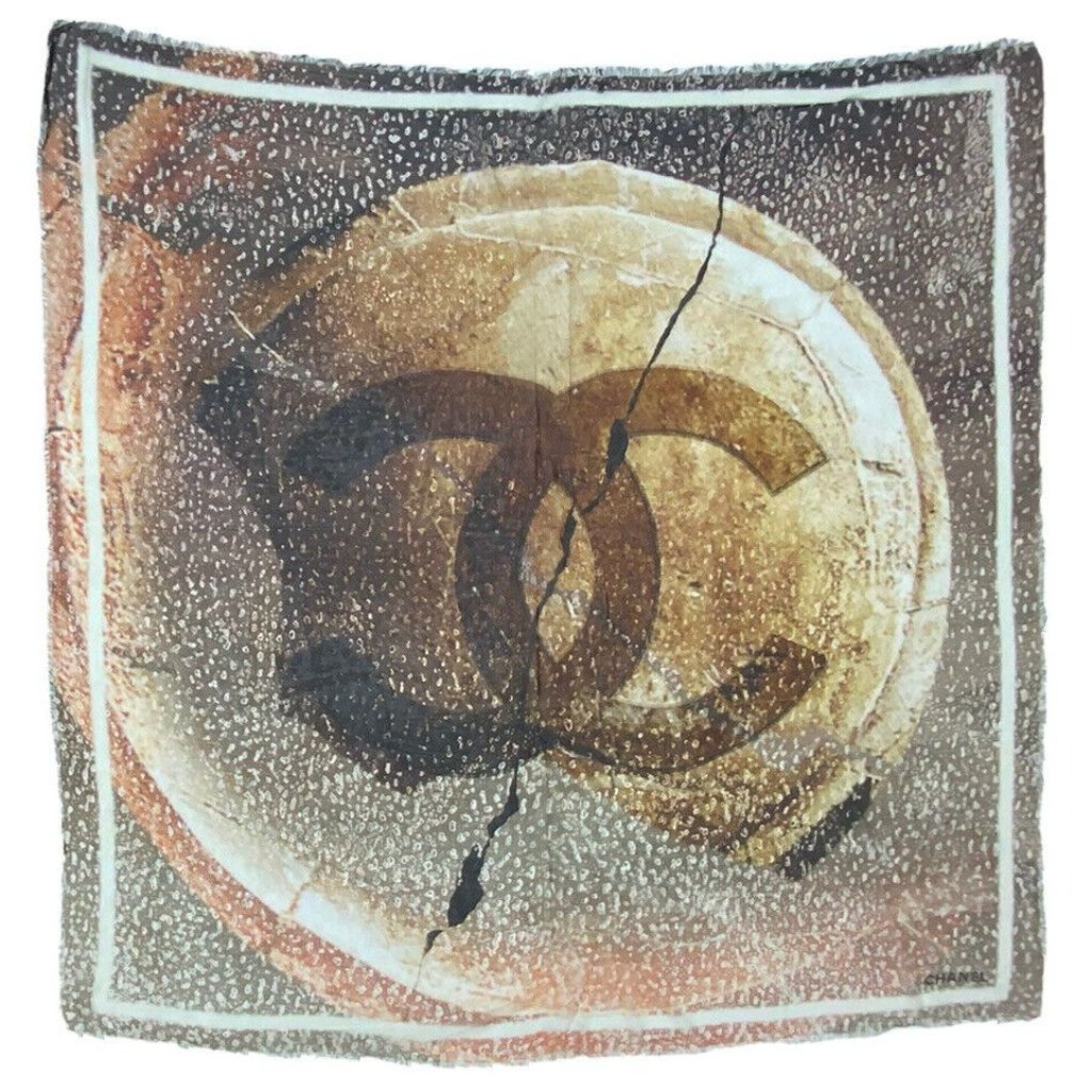 Chanel Brown Logo Silk Scarf Wrap 52”/ 48” Ec